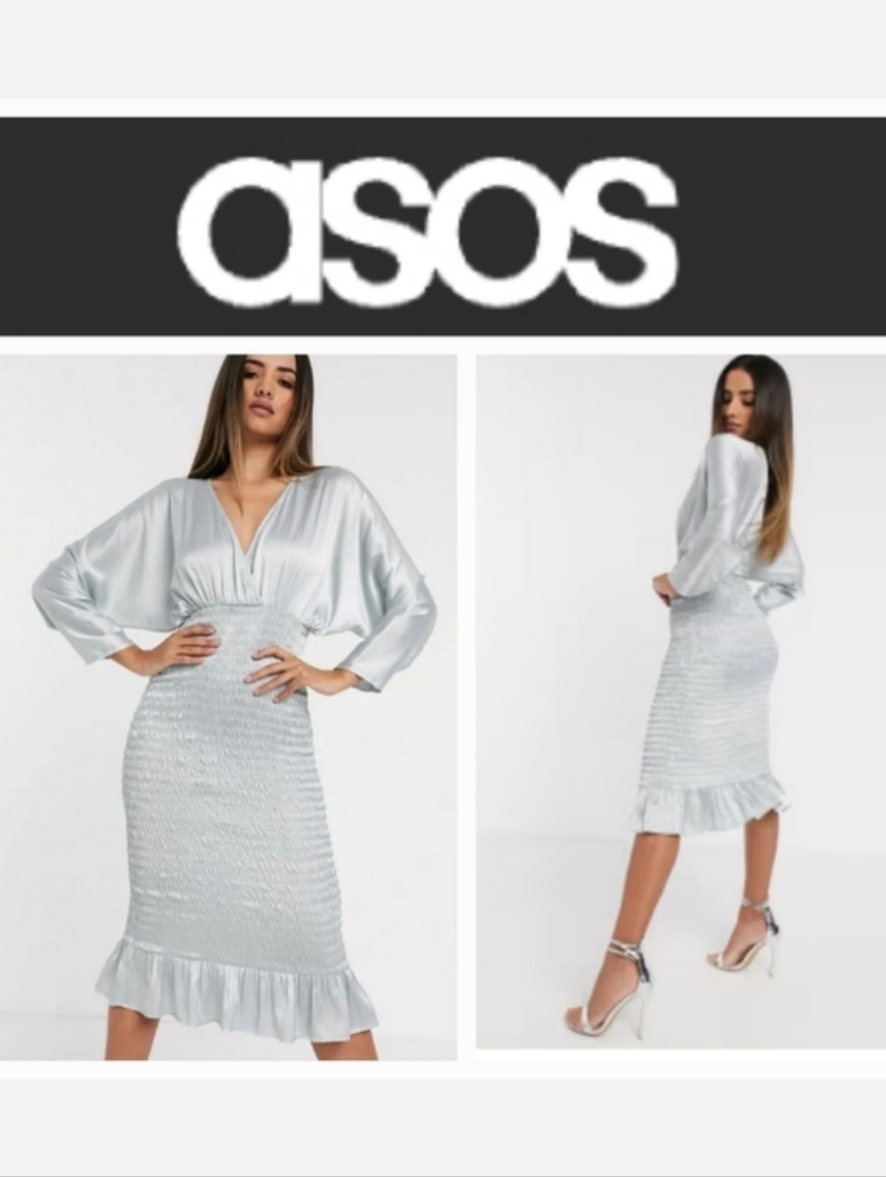 ASOS DESIGN Shirred Satin Plunging Batwing Midi Dress Ice Blue Sz 8 NWT